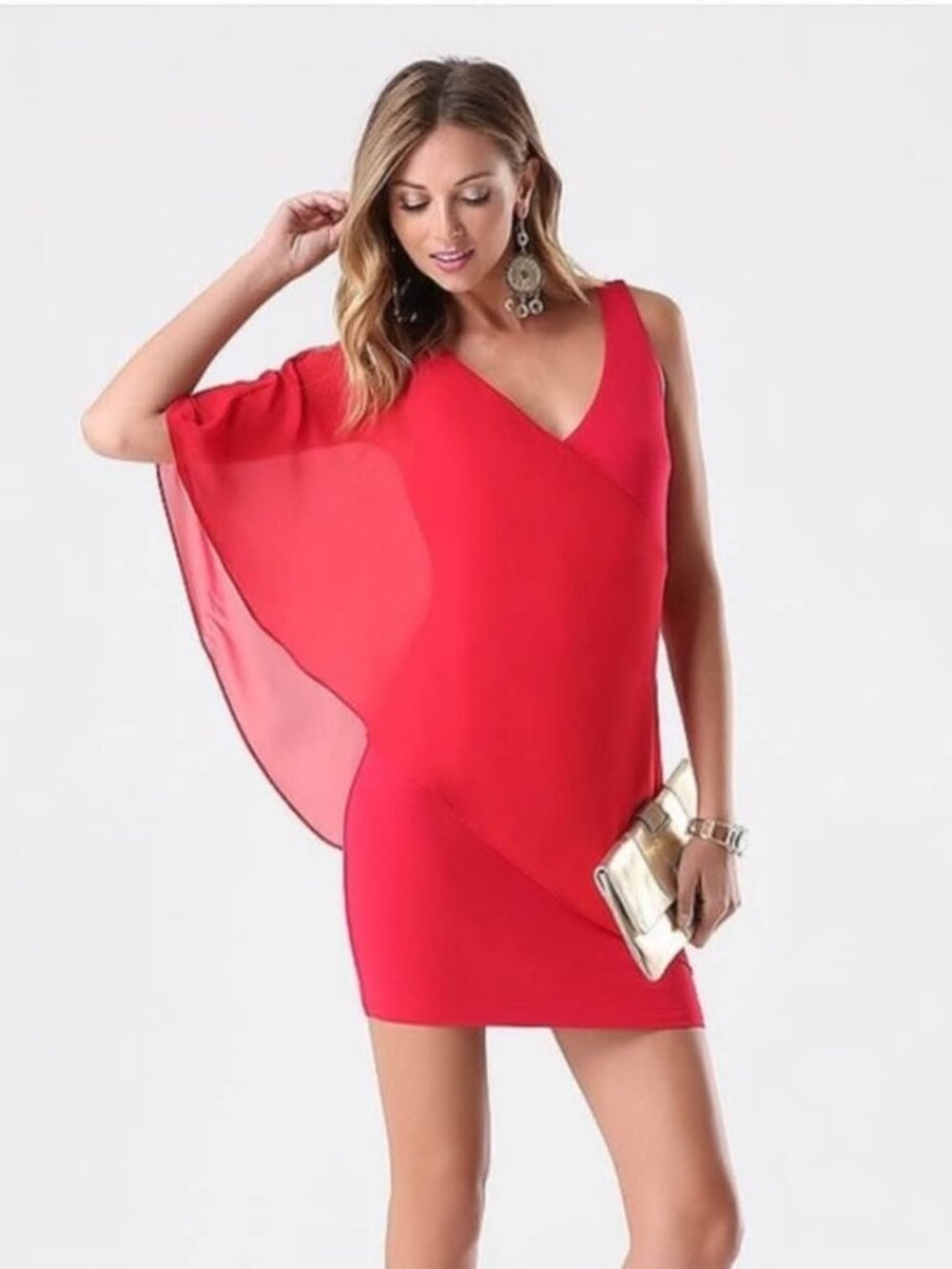 NWT Bebe Red Asymmetrical Flutter Sleeve Dress - XXS